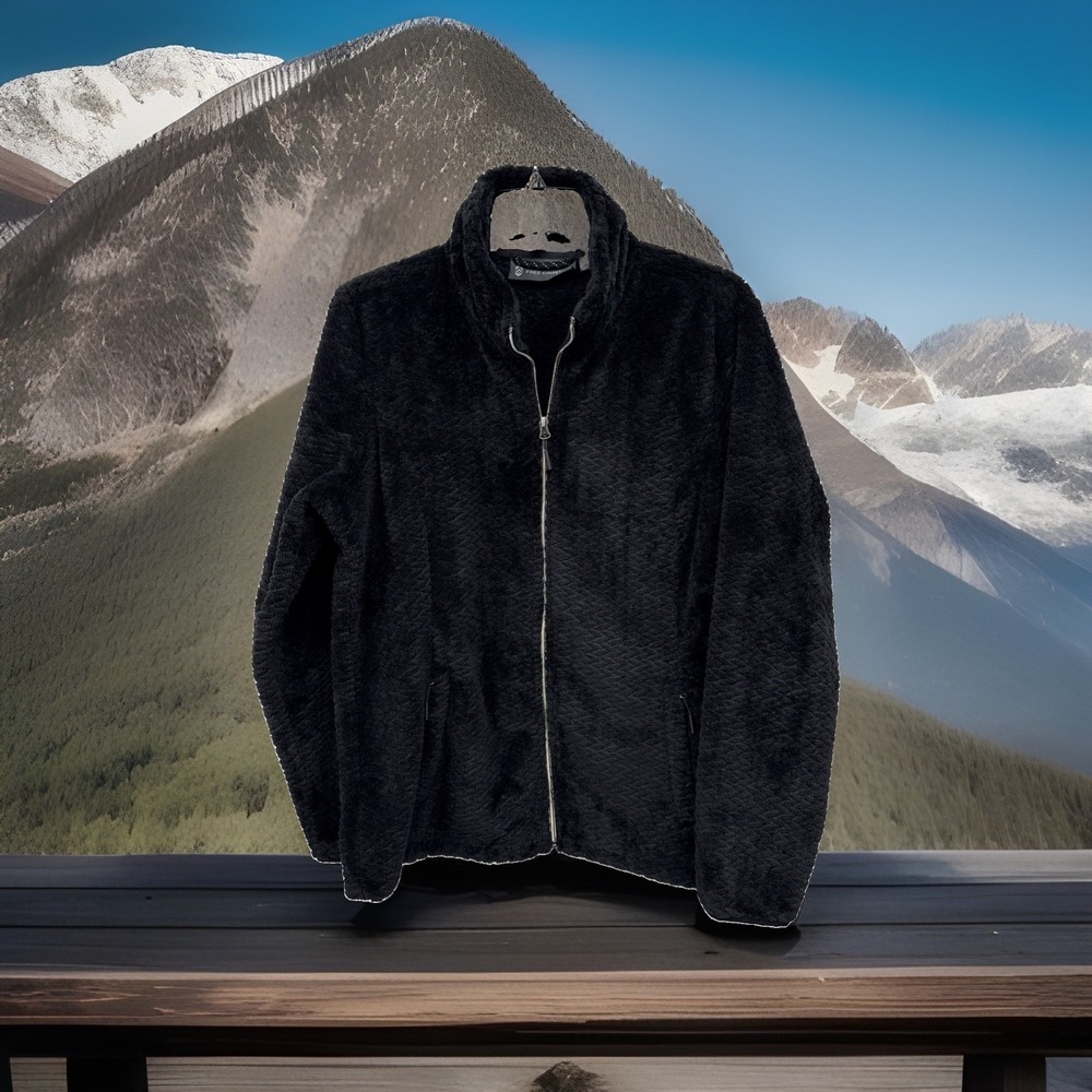 Free Country Women's Black Faux Fur Jacket Full Zip Pockets Long Sleeve L Retro